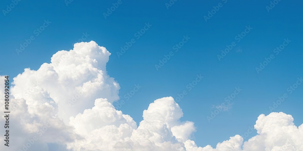 Puffy white cumulus cloud formations in the clear sky, white, hazy, puffy