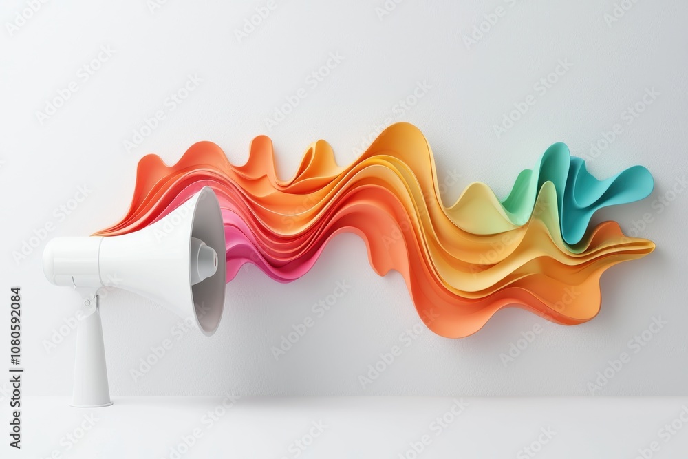 Sound waves emanating from megaphone white background digital art creative space side view bold color concept Sound waves emanating from megaphone white background digital art creative space side view bold color concept