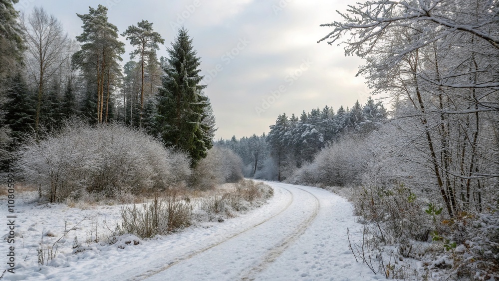Snowy forest path winding through the trees, winding, path, winter wonderland Snowy forest path winding through the trees, winding, path, winter wonderland