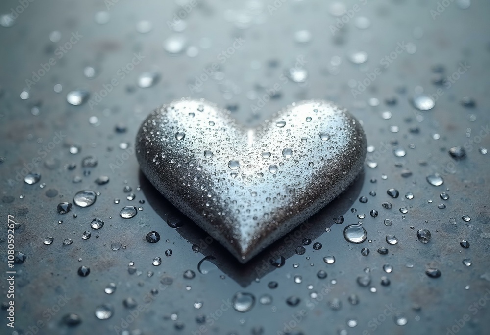 Silver Heart-Shaped Rain Texture With Droplets On Reflective Surface Silver Heart-Shaped Rain Texture With Droplets On Reflective Surface