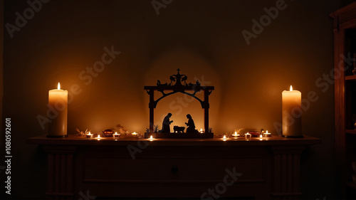 Candlelit holiday display with nativity scene photo