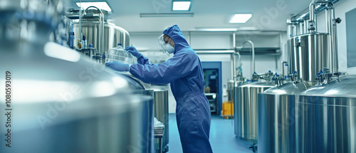 A worker in a protective suit cleans metal tanks on a biotech production line in a well-lit modern laboratory setting