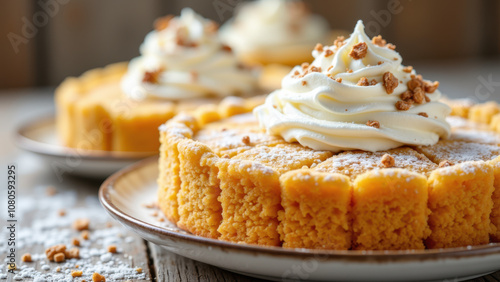 Two plates with dessert-like food items topped with whipped cream.