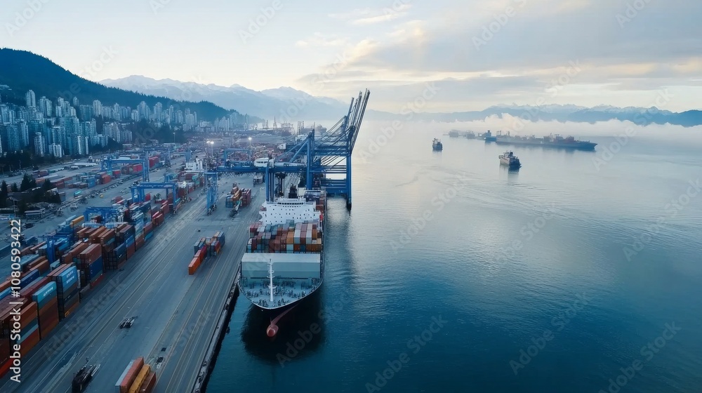 Obraz premium The bustling port in Vancouver showcases cargo ships being loaded and unloaded under a colorful sunrise, with mountains and a city skyline in the background