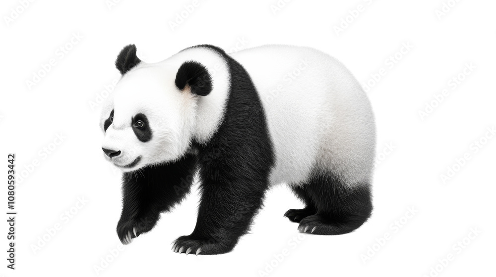 Obraz premium The giant panda moves gracefully, its striking black and white coat contrasting with a peaceful backdrop, embodying the charm of wildlife