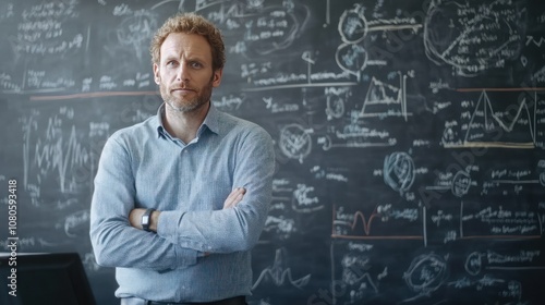 Thoughtful Teacher in Front of Chalkboard Chart