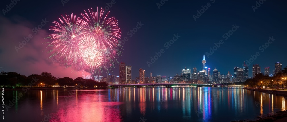 Fototapeta premium Vibrant Fireworks Illuminating City Skyline at Night
