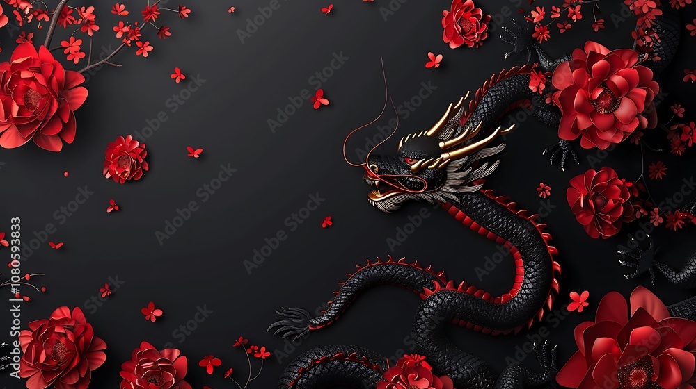 A majestic black dragon intertwined with vibrant red flowers on a dark background, symbolizing strength and beauty. A majestic black dragon intertwined with vibrant red flowers on a dark background, symbolizing strength and beauty.