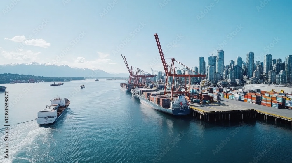 Naklejka premium Large cargo vessels are being loaded with containers at a bustling Vancouver port, with a stunning city skyline and mountains visible in the background during an afternoon