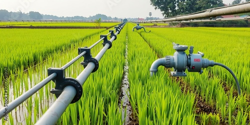 Irrigation system with pipes and pumps in a rice field, irrigation system, agriculture