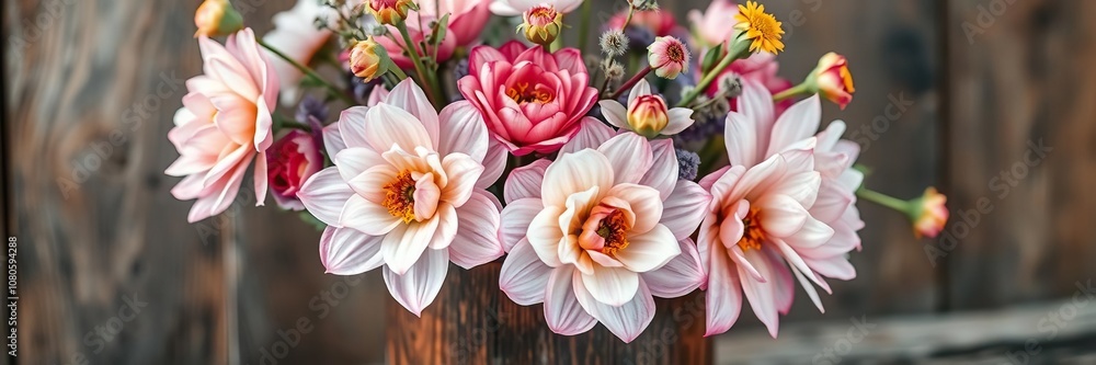 Soft focus watercolor blooms filling a rustic wooden vase with natural textures and earthy tones, farmhouse decor, cozy living room