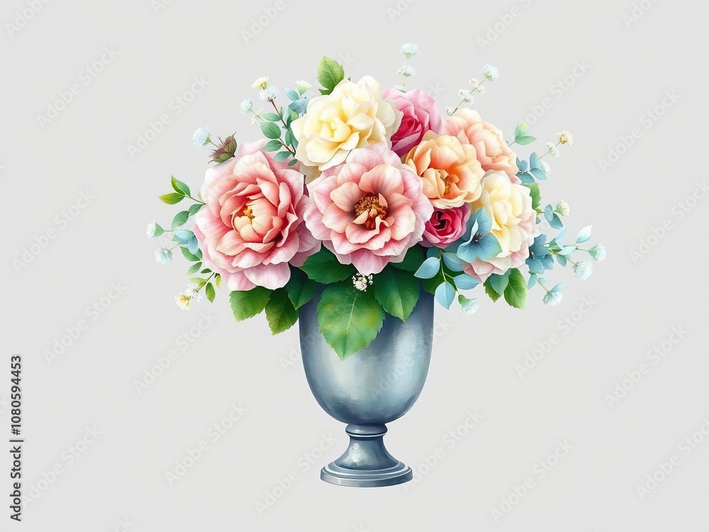 Watercolor winter bouquet with hydrangeas and eucalyptus in a frosty silver urn, delicate greenery, winter bouquet, frosty atmosphere Watercolor winter bouquet with hydrangeas and eucalyptus in a frosty silver urn, delicate greenery, winter bouquet, frosty atmosphere