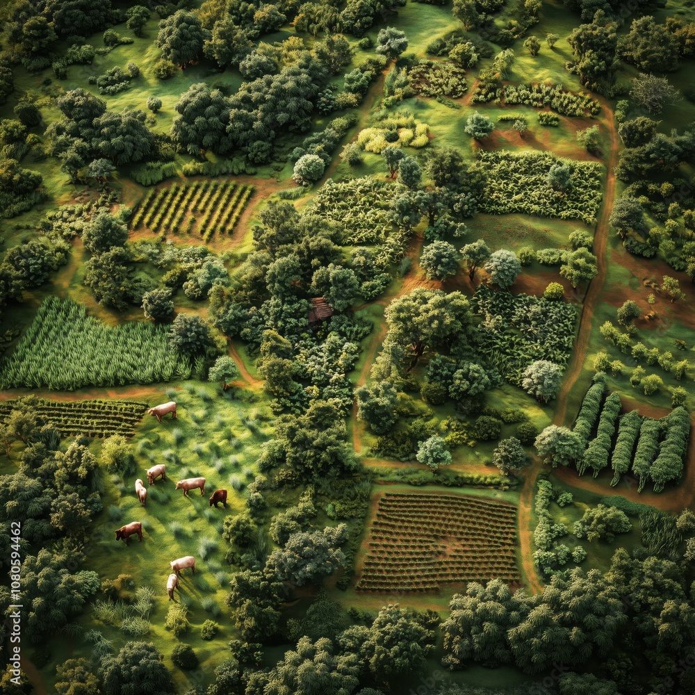Obraz premium trees integrated with crops A demonstration of agroforestry on a regenerative farm, with trees and crops growing side by side, improving biodiversity and carbon capture.