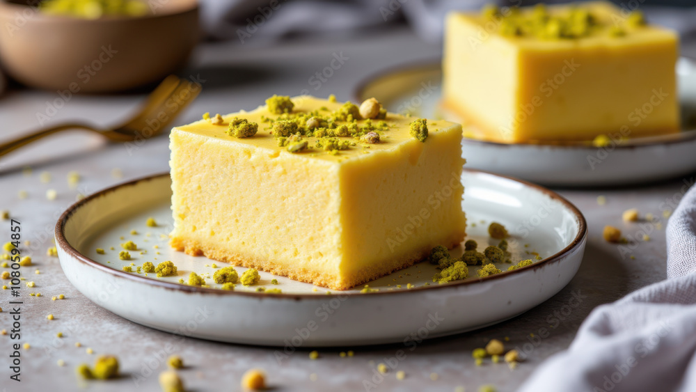 Kunafa dessert on plate, with crushed pistachios as garnish. Kunafa dessert on plate, with crushed pistachios as garnish.