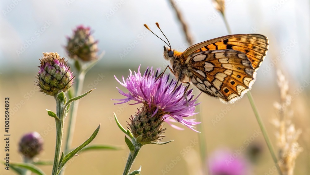 Close-up of a melitaea phoebe butterfly sipping nectar from a knapweed flower on a warm summer day, knapweed, flower, nectar, summer Close-up of a melitaea phoebe butterfly sipping nectar from a knapweed flower on a warm summer day, knapweed, flower, nectar, summer