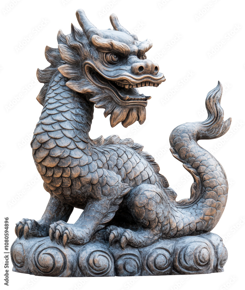 A large, silver dragon statue sits on a white background. The dragon has a fierce expression and is surrounded by a circle of smaller, more delicate dragon statues. Scene is one of strength and power A large, silver dragon statue sits on a white background. The dragon has a fierce expression and is surrounded by a circle of smaller, more delicate dragon statues. Scene is one of strength and power