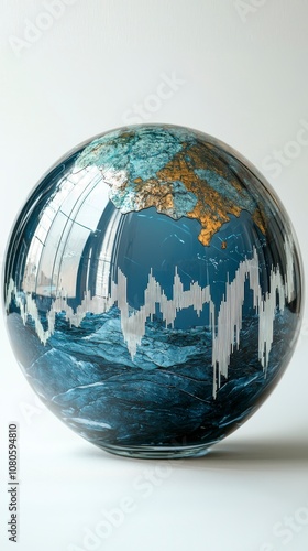 An intricately textured globe adorned with waveform patterns on a transparent surface, symbolizing the harmony between nature, tech, and design. photo