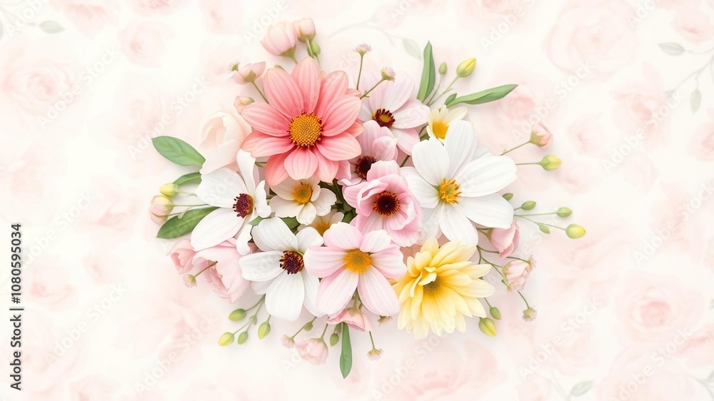 Obraz premium Delicate watercolor flowers arranged in a loose bouquet on a pastel pink floral background, delicate, painting
