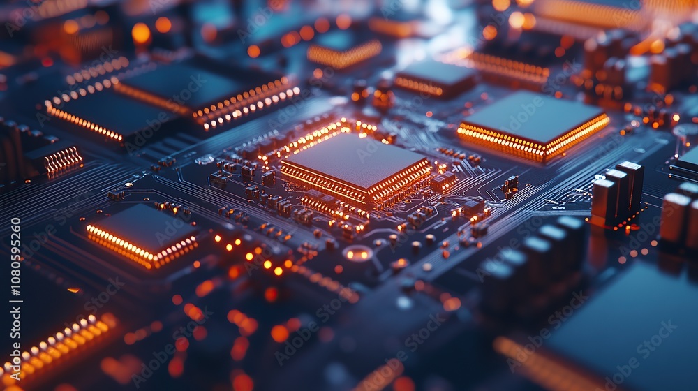Close-up view of a circuit board with glowing components, showcasing technology. Close-up view of a circuit board with glowing components, showcasing technology.