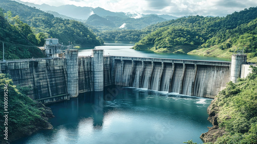 Aerial view of a dam with flowing water and a blue river surrounded by mountains under clear skies in a pristine landscape