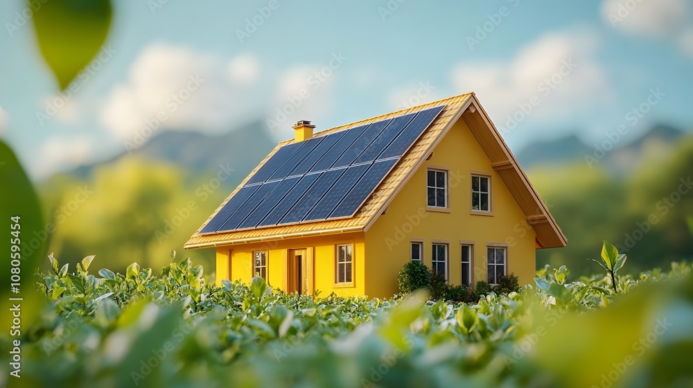 Contemporary house with rooftop solar panels exemplifies sustainable living, featuring yellow facade and modern architecture against blue sky, highlighting clean energy innovation. Contemporary house with rooftop solar panels exemplifies sustainable living, featuring yellow facade and modern architecture against blue sky, highlighting clean energy innovation.