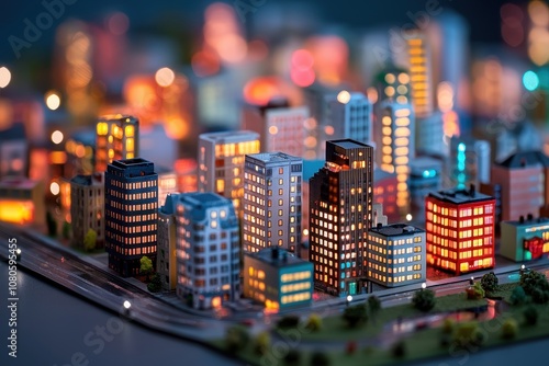 Matchbox cityscape at night, with tiny LED lights illuminating the streets and buildings, creating a magical urban glow, [Matchbox model city], [miniature city night scene] photo