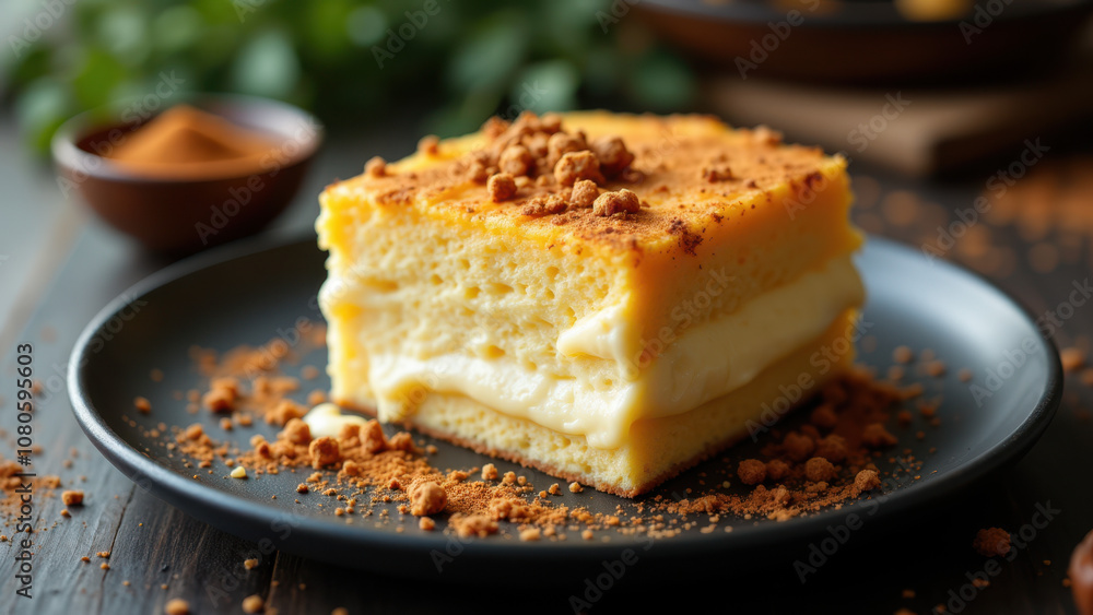 Slice of kunafa on a plate with cinnamon sprinkled on top. Slice of kunafa on a plate with cinnamon sprinkled on top.
