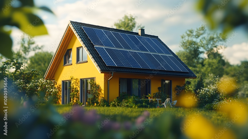 Contemporary house with rooftop solar panels exemplifies sustainable living, featuring yellow facade and modern architecture against blue sky, highlighting clean energy innovation. Contemporary house with rooftop solar panels exemplifies sustainable living, featuring yellow facade and modern architecture against blue sky, highlighting clean energy innovation.