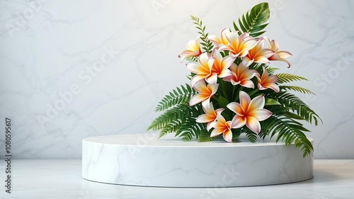 Tropical marble podium with a lush arrangement of frangipani flowers and ferns, ferns, garden decor photo