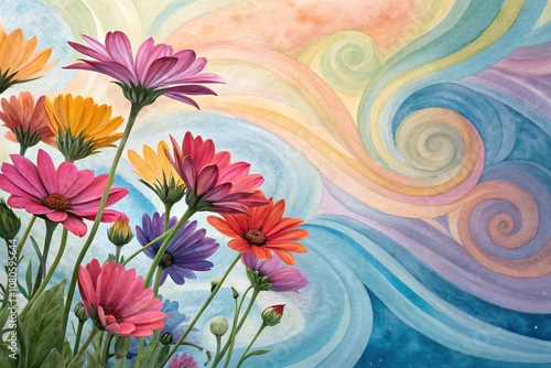 Vibrant watercolor blooms on a swirling abstract background, whimsical illustration, dynamic composition, creative texture, floral design