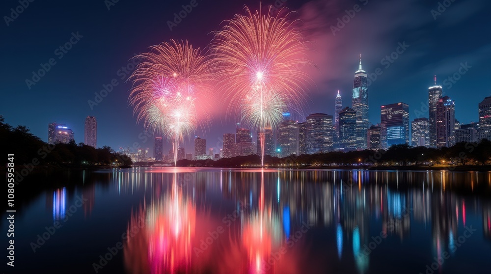 City Skyline with Fireworks at Night City Skyline with Fireworks at Night
