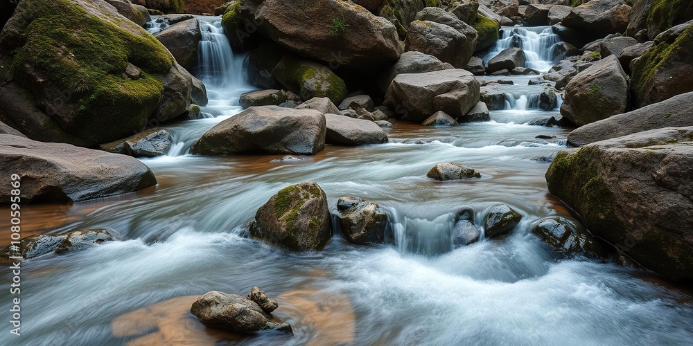 A gentle stream flowing through a rocky landscape with waterfalls and moss-covered boulders, river, moss, nature A gentle stream flowing through a rocky landscape with waterfalls and moss-covered boulders, river, moss, nature