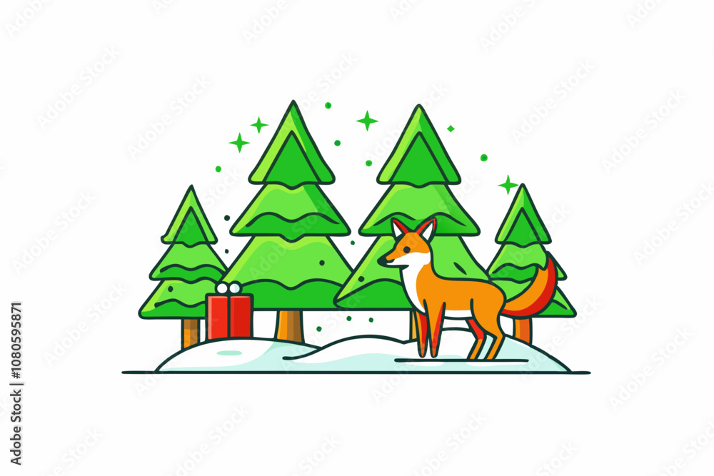 Obraz premium Minimalist Forest Scene with Fox and Evergreen Trees