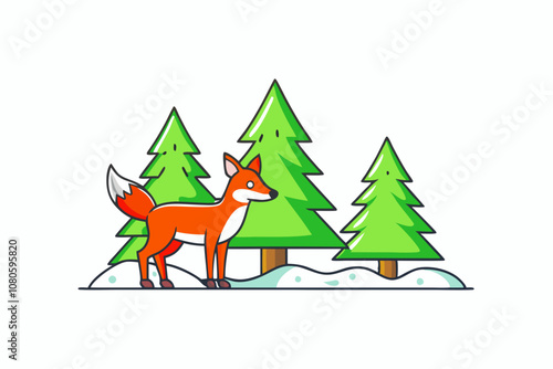 Minimalist Forest Scene with Fox and Evergreen Trees