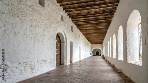 A large white plastered wall in a spacious hallway with a long corridor stretching into the distance, large, corridor, plaster, interior, walls