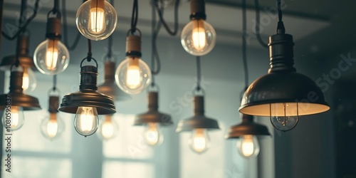 A cluster of old pendant lamps glowing softly in a dreamy haze of white and metallic tones amidst a blurred background of glittering dust, white, nostalgic ambiance