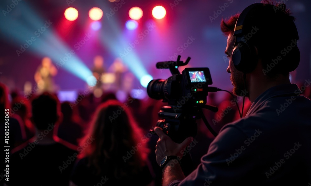 Male cameraman is filming the concert on camera. The crowd is watching the performance. Man with headphones and camera on tripod Male cameraman is filming the concert on camera. The crowd is watching the performance. Man with headphones and camera on tripod