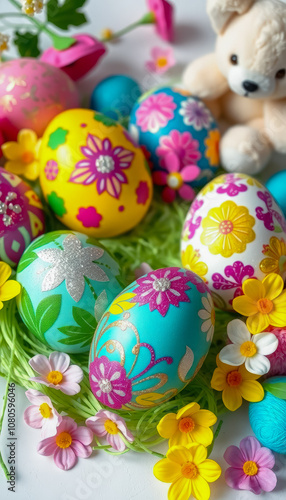 Festive Easter Scene with Painted Eggs, Pink Flowers, and a White Bunny