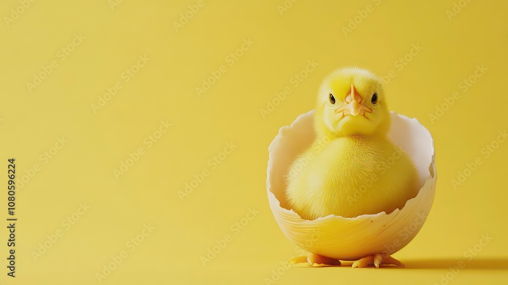 Small yellow chicken in a shell on a yellow background. postcard with copy space, easter concept. Small yellow chicken in a shell on a yellow background. postcard with copy space, easter concept.