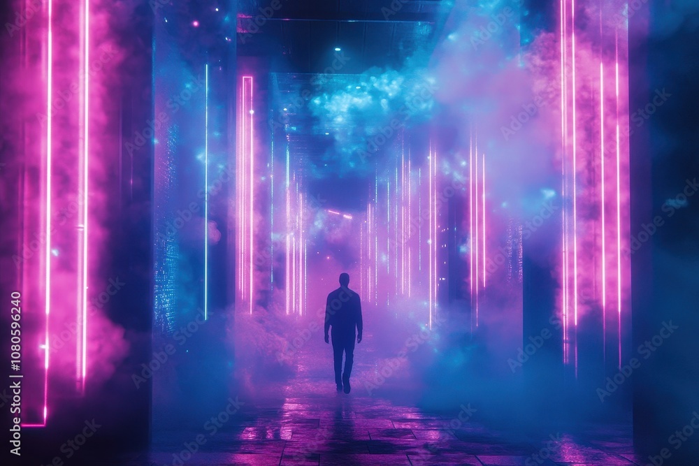 Silhouette of a Person Walking Through a Neon-Lit Smoke-Filled Alleyway Silhouette of a Person Walking Through a Neon-Lit Smoke-Filled Alleyway