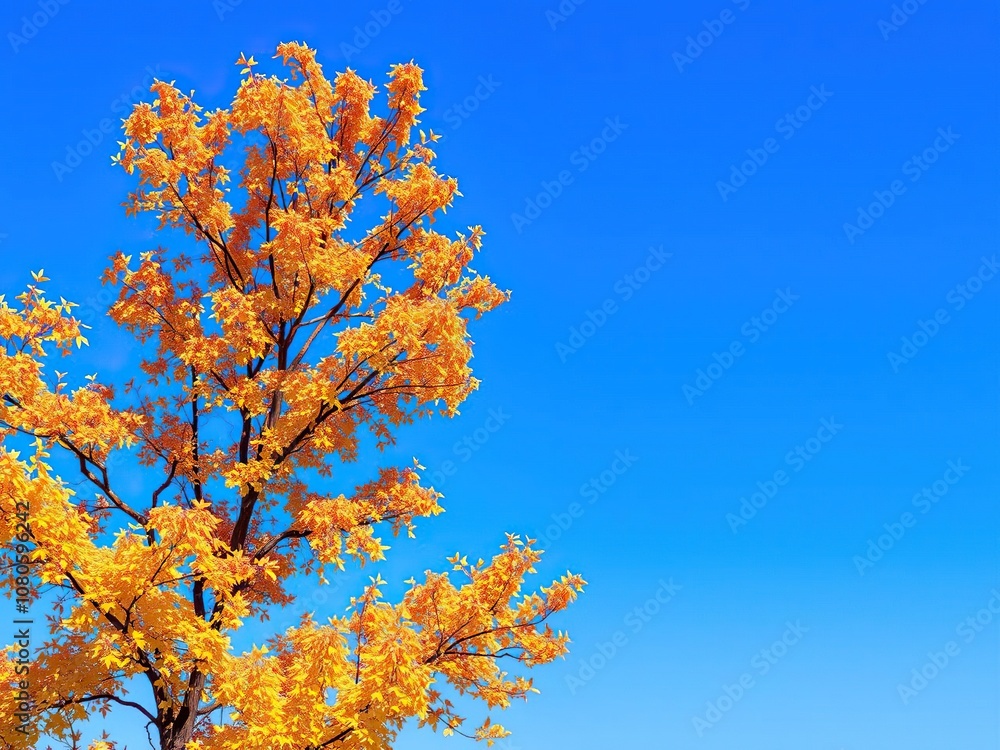 deciduous tree with a canopy of golden yellow and orange leaves in a blue sky, leaf colors, fall colors deciduous tree with a canopy of golden yellow and orange leaves in a blue sky, leaf colors, fall colors