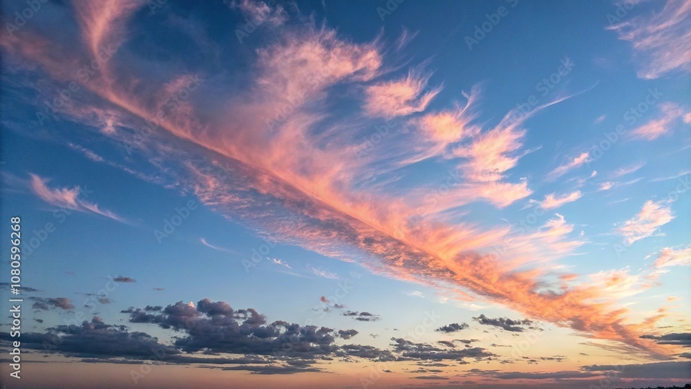 Delicate wisps of cloud drift lazily across the cerulean sky at sunset, leaving behind a trail of soft pink and orange hues, clouds, hills, calming, natural, peaceful Delicate wisps of cloud drift lazily across the cerulean sky at sunset, leaving behind a trail of soft pink and orange hues, clouds, hills, calming, natural, peaceful