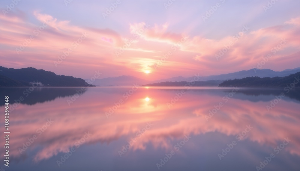 Peaceful Sunset Lake Reflection in Warm Colors with Copy Space Peaceful Sunset Lake Reflection in Warm Colors with Copy Space