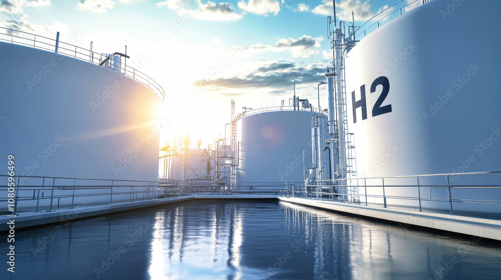 Obraz premium Realistic 3D rendering of hydrogen storage tanks at a production plant under a sunny blue sky with a wide-angle perspective