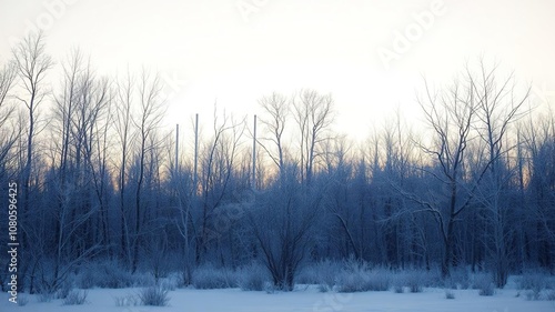 Frozen forest at dawn with bare trees against a pale sky, morning light, frozen forest