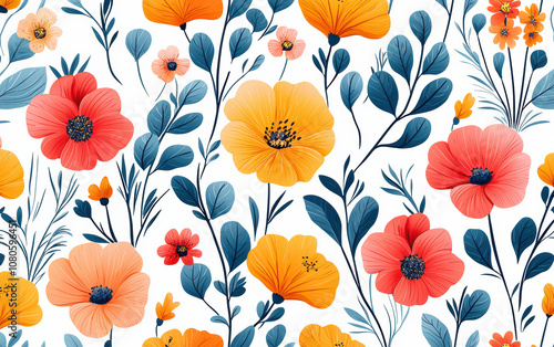 A vibrant floral pattern featuring colorful flowers and leaves against a white background, perfect for spring-themed projects and designs.