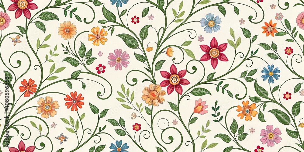 Seamless abstract floral pattern with curved vines and branches intertwined with foliage and colorful flowers, floral, design, organic, flowers Seamless abstract floral pattern with curved vines and branches intertwined with foliage and colorful flowers, floral, design, organic, flowers
