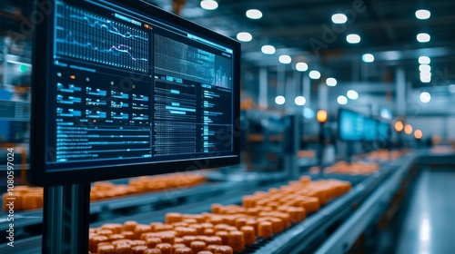 Supply Chain Management concept. A modern industrial facility displaying digital screens with data analytics, overseeing a production line of packaged goods in a vibrant, well-lit environment.