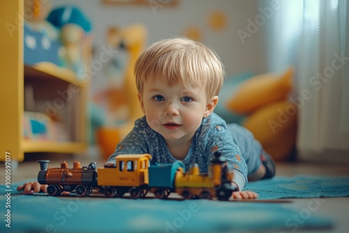 Adorable young boy enjoys playtime with toy train in a vibrant modern children s room photo