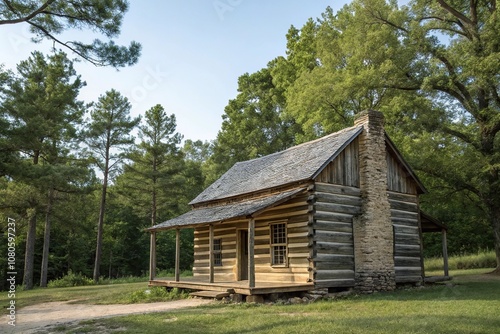 Wooden log cabin with a weathered roof and trees in the background, countryside, trees, natural, weathered wood